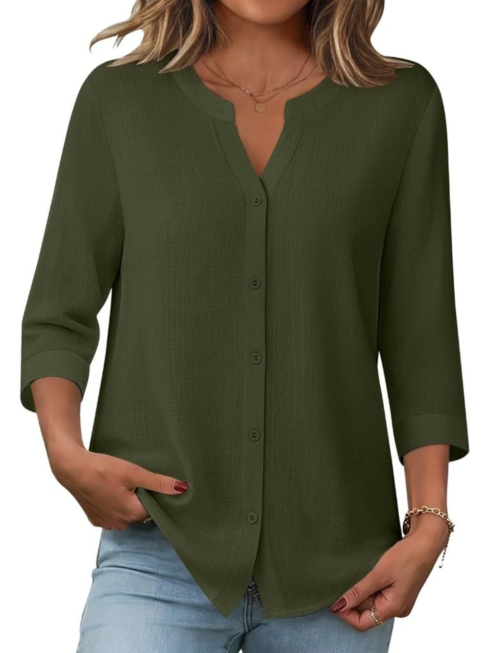 Women's Green Button Down Sleeve Linen Cotton V Neck Casual Loose Work Blouses